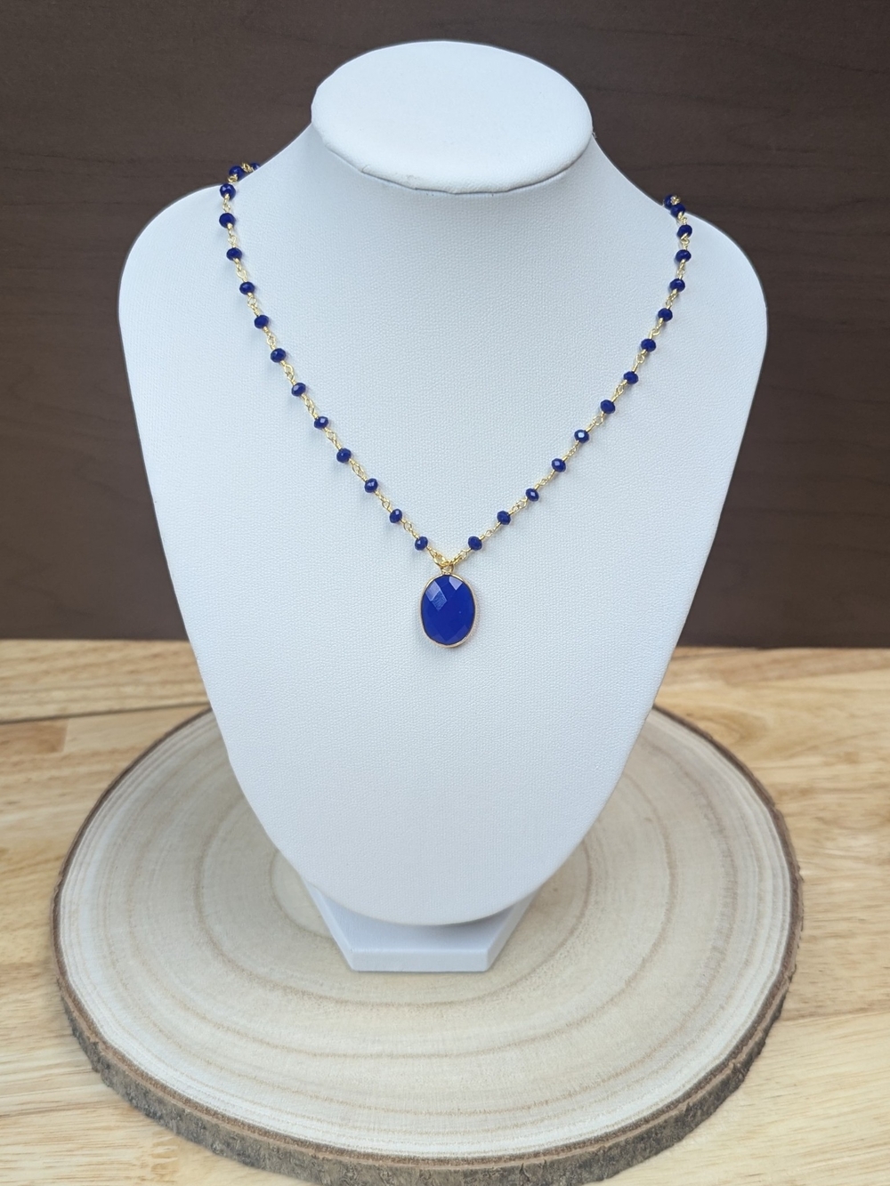 Blue Chalcedony Pendant Necklace | Sapphire Beaded Chain | 24K Gold Plated - Picture 3 of 4